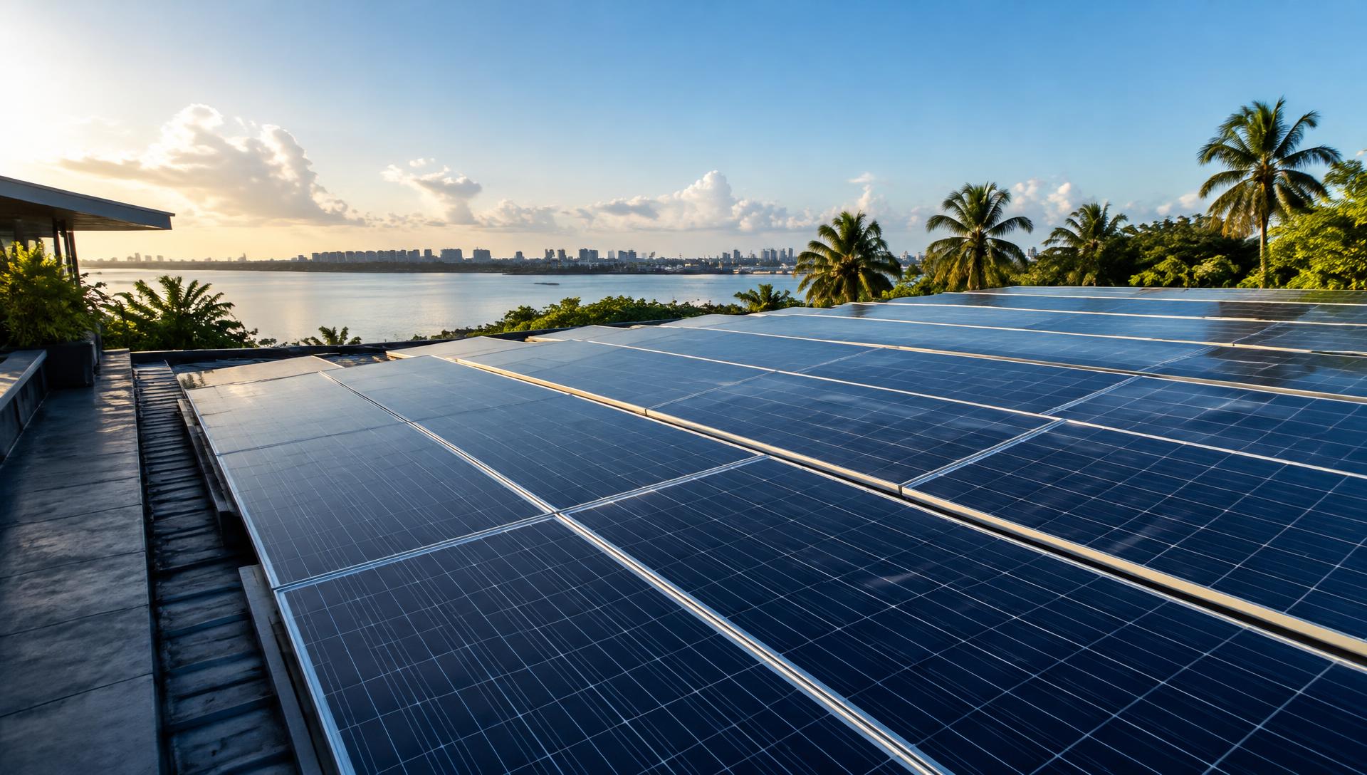 Painéis solares em um cenário tropical